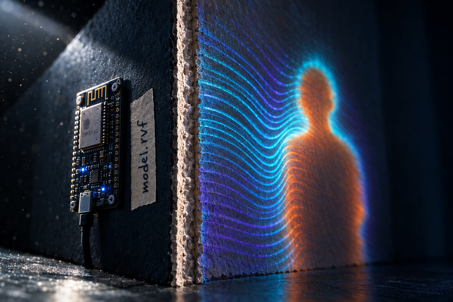 RuView: A dark room where a plain wall glows with faint concentric ripples of radio interference, and behind it a human silhouette forms — not from light, but from the way an ordinary WiFi signal bends around a breathing, moving body.